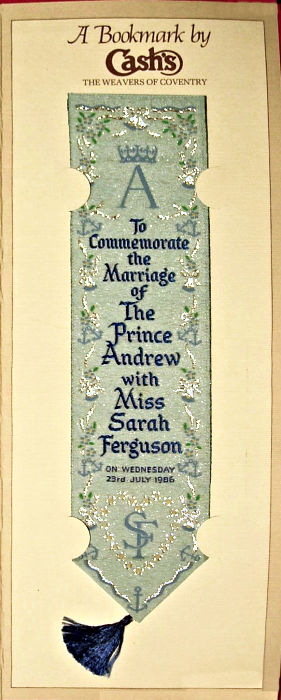 Cash's bookmark with words celebrating wedding of Prince Andrew and Sarah Ferguson