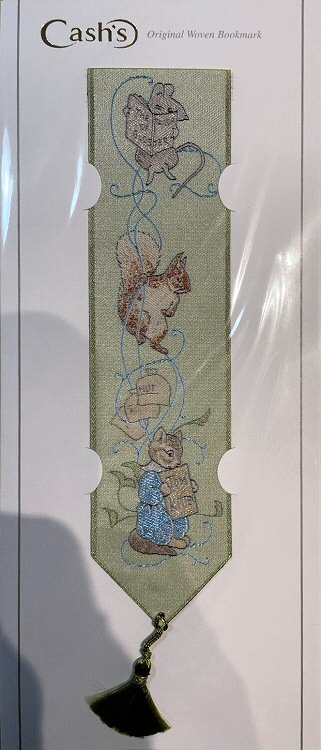 Cash's woven bookmark with three small images with names, Taylor of Gloucester mouse, Squirrel & Tom Kitten, on each