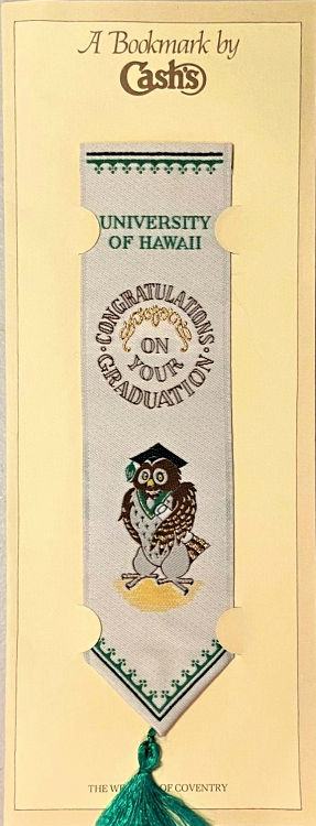 J & J Cash woven bookmark, with title words and image of an owl