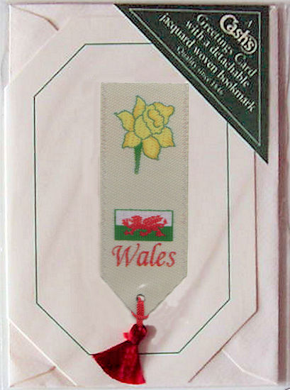 Cash's greeting card, with an attached woven bookmark titled: WALES