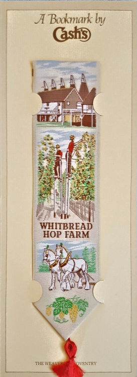 J & J Cash woven bookmark, with picture of hop picking and title words