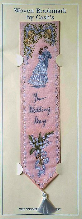 J & J Cash woven bookmark with title words and image of a couple
