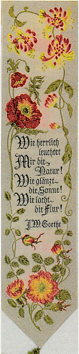 Cash's woven bookmark with woven title words in German, and words of a poem