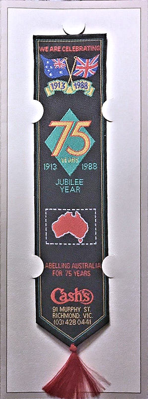 Cash's woven bookmark with title words, images of Australian and British flags, and map of Australia