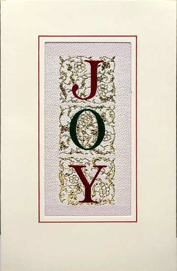 J & J Cash woven greetings card, with woven word, JOY