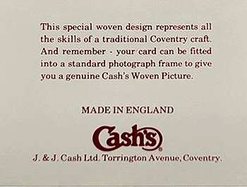 view of reverse back cover of this J & J Cash woven greetings card