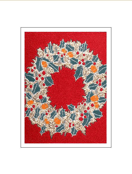 J & J Cash woven Christmas card, with no words, with image of a Christmas wreath, and titled: WREATH