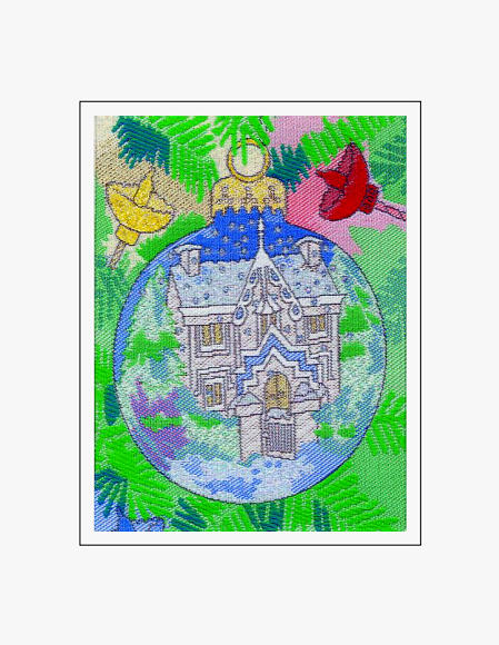 J & J Cash woven Christmas card, with no words, with image of a Christmas tree decoration, and titled: BAUBLE