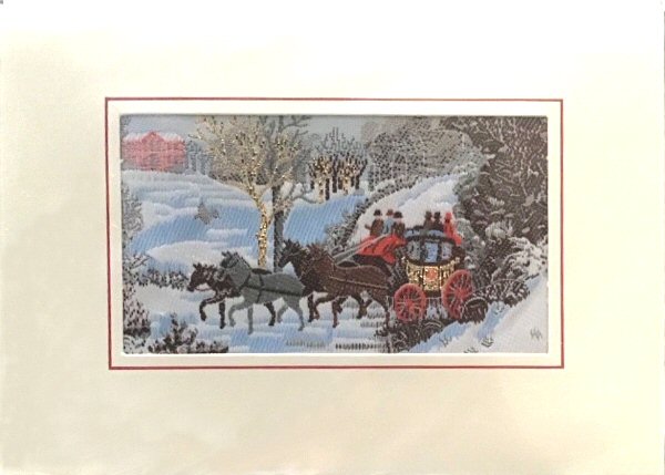 J & J Cash woven Christmas card, with no words, but with a horse drawn coach in a snow scene