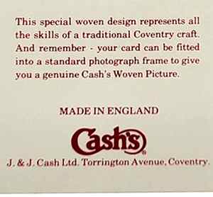 view of reverse back cover of this J & J Cash woven greetings card