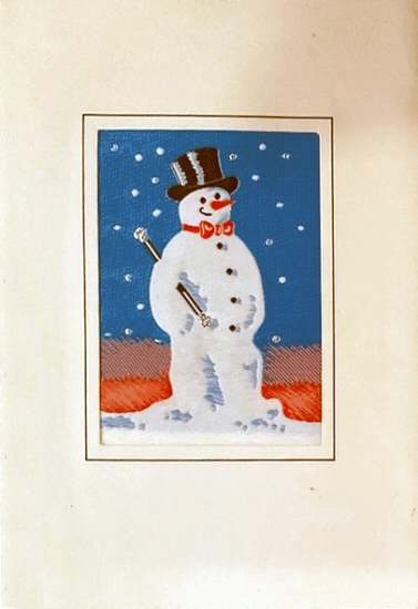 J & J Cash woven Christmas card, with no title words, just image of a snowman, with top hat and baton