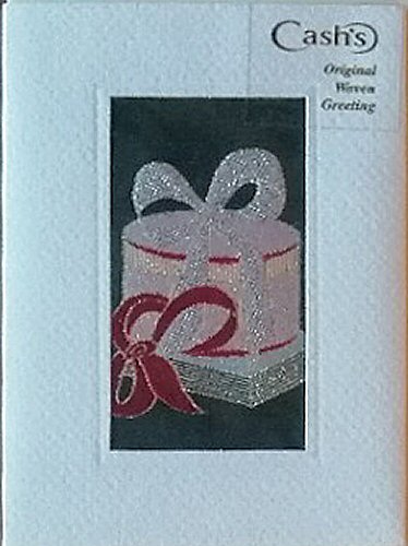 J & J Cash woven Christmas card, with no words, with image of a rectangular and round gift boxes