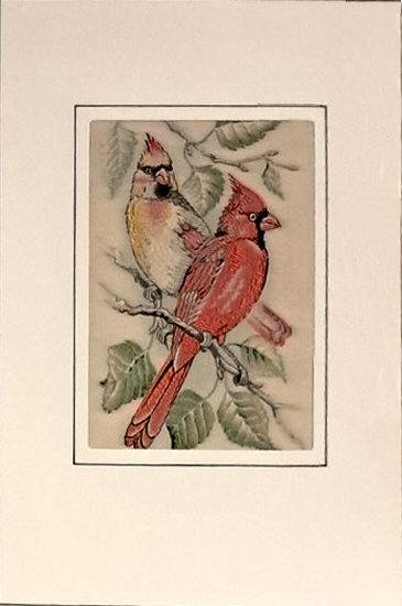 J & J Cash woven card, with no title words, but with image of a pair of Cardinal birds