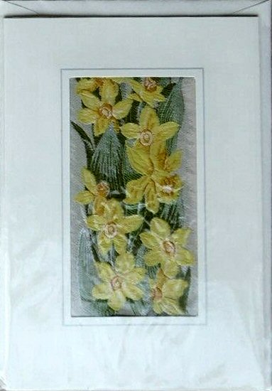 J & J Cash woven flower card, with no title words, but picture of Daffodils