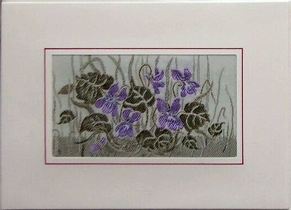 J & J Cash woven landscape flower card, with image of six violet flowers)