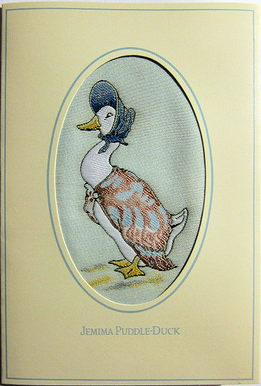 J & J Cash woven card, with title words, Jemima Puddle-Duck
