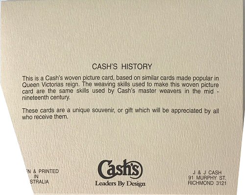 J & J Cash name printed on the back cover of this card, together with their addess in Australia
