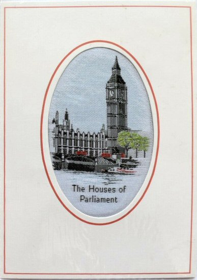 J & J Cash woven card, with image of the Houses of Parliament, with woven words below image