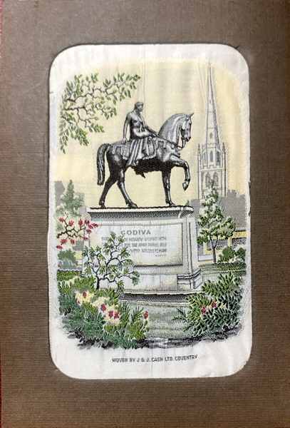 J & J Cash woven card, with Lady Godiva statue with Church spire in background