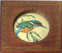 J & J Cash wooden box STYLE 1, with a woven picture of a Kingfisher