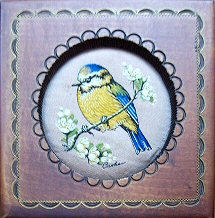 J & J Cash wooden box STYLE 1, with a woven portraits of a bluetit