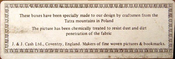 back label on this wooden box, confirming box made in the Tatra Mountains, Poland