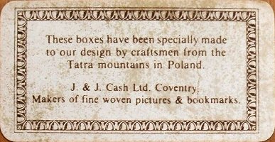 back label on this wooden box, confirming box made in the Tatra Mountains, Poland