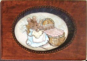 J & J Cash wooden box STYLE 4, with woven picture of Hunca Munca