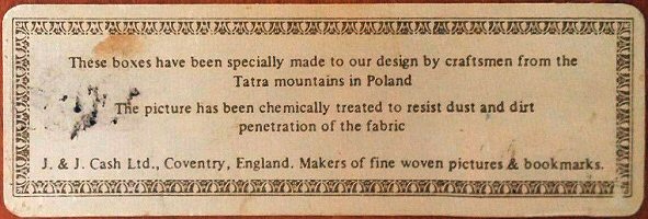 back label on this wooden box, confirming box made in the Tatra Mountains, Poland