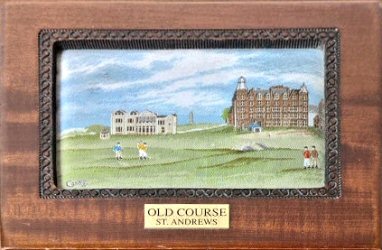 J & J Cash wooden box with woven picture of a golf course; The Old Course, St. Andrews, Scotland