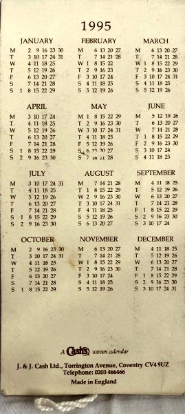 close-up of actual 1995 calendar.