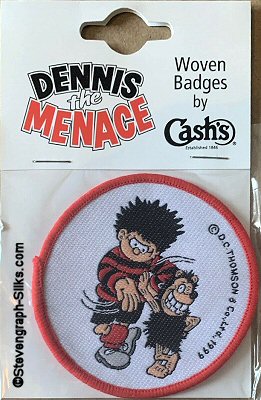 J & J Cash woven saw-on badge featuring Dennis The Menace