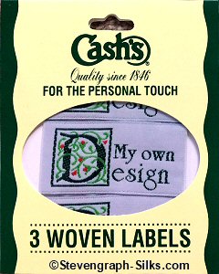 J & J Cash woven saw-on label with words: MY OWN DESIGN