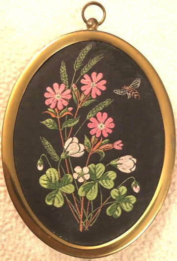 J & J Cash woven silk oval brooch of Woodland European Wild Flowers - Red Campion, Woodsorrel & Woodsedge