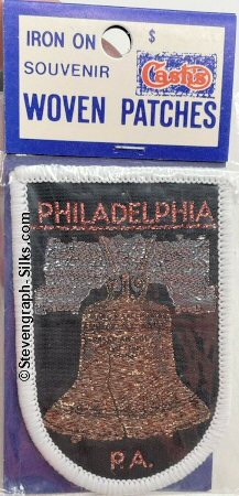 J & J Cash woven saw-on label with words: Philadelphia