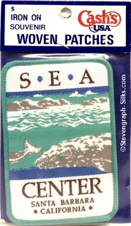 J & J Cash woven saw-on label with words: SEA Center, Santa Barbara, California