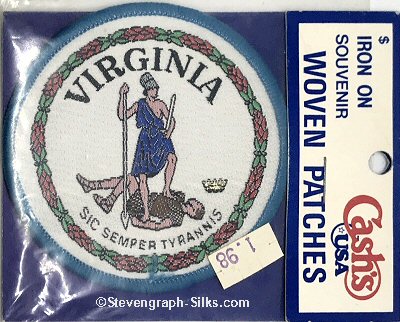 J & J Cash woven saw-on label with words: Virginia Sic Semper Tyrannis