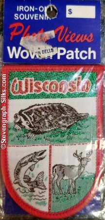 J & J Cash woven saw-on label with words: Wisconsin