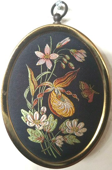 J & J Cash woven silk oval brooch of Woodland North American Wild Flowers - Spring Beauty, Lady's Slipper & Rue Anemone