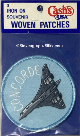 J & J Cash woven saw-on label words: Concorde, in flight