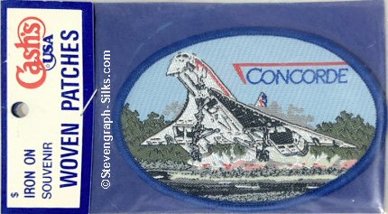 J & J Cash woven saw-on label words: Concorde, taking off