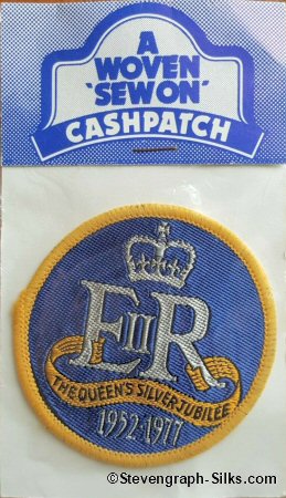 J & J Cash woven saw-on label words: EIIR - The Queen's Silver Jubilee 1952-1977
