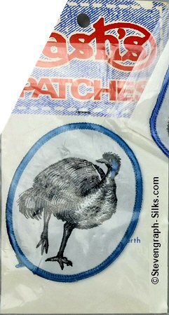 J & J Cash woven saw-on label no words: image of an emu