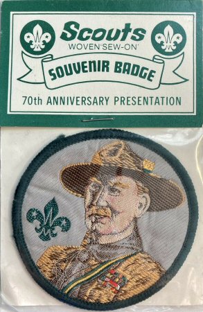 J & J Cash woven saw-on label no words: portrait image of Baden Powell, and the Scouts emblem
