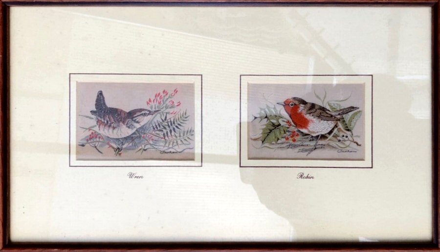 J & J Cash woven picture with two pictures in one frame; being a wren and a robin