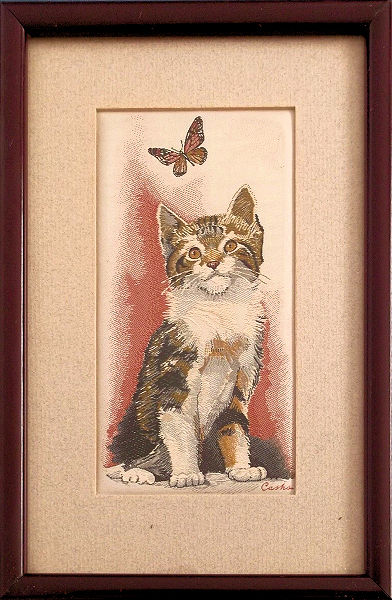 J & J Cash woven picture with image of a Tabby kitten & butterfly