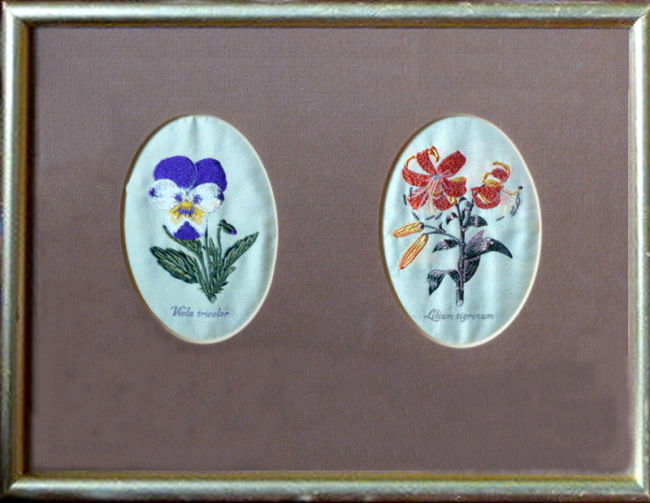 J & J Cash woven picture with two pictures in one frame; being Viola tricolor & Lilium tigrinum flowers