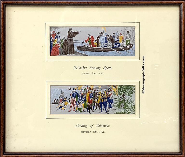 J & J Cash woven picture with two pictures in one frame; being the Stevengraph Columbus Leaving Spain & Landing of Columbus