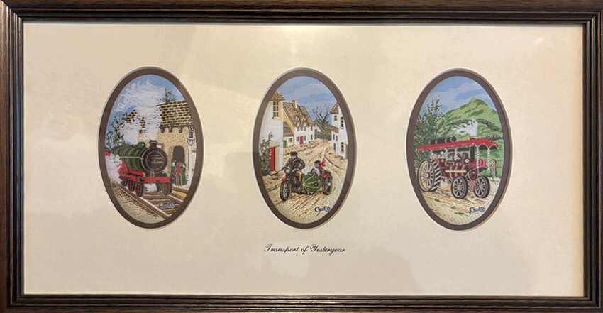 J & J Cash woven picture with three pictures in one frame; being steam engine, motor cycle & steam roller