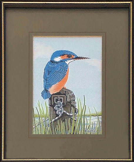 J & J Cash woven picture of a Kingfisher sat on a mooring pole